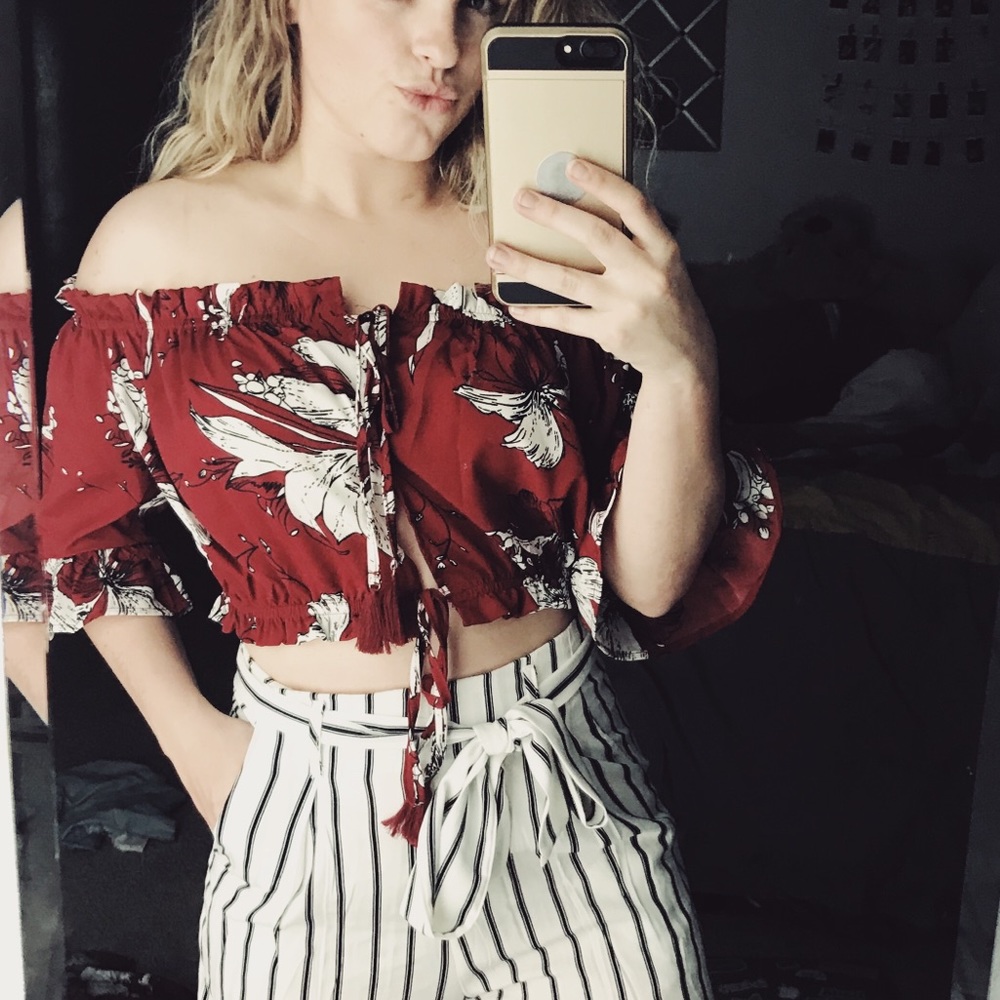 red off the shoulder blouse